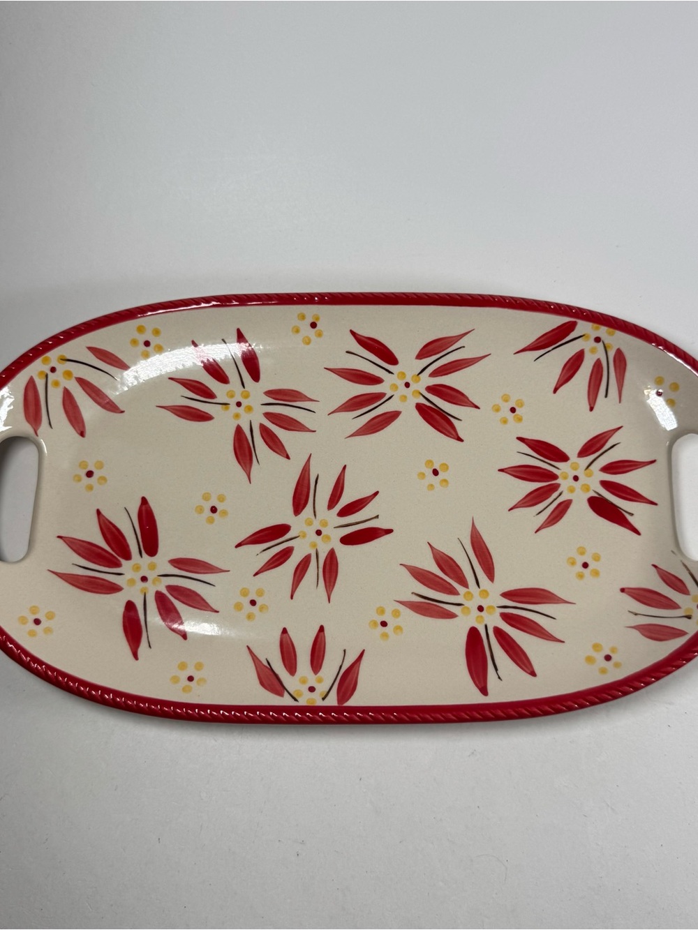 Temptations By Tara Old World Red Yellow Oval Serving Tray Handles 12 3/8" Dish